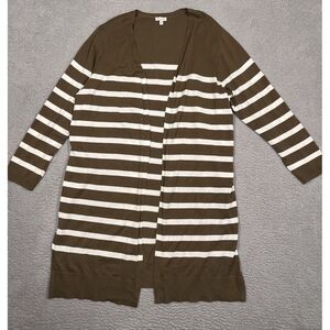 Talbots Plus Womens Long Cardigan Dark Green White Striped 2X Long‎ Sleeve